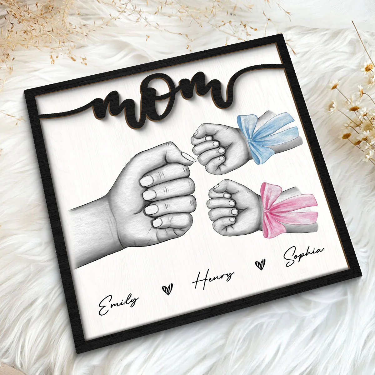 Mom And Kids Fist Bump With Bows Gift For Mom Personalized 2-Layer Wooden Plaque - Image 5