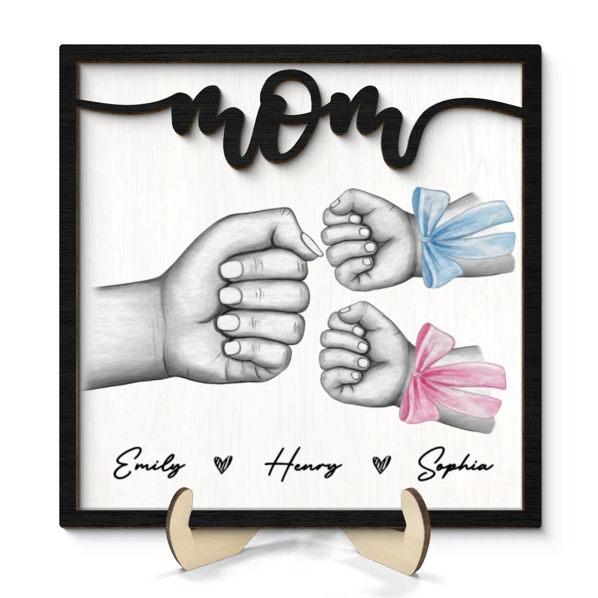 Mom And Kids Fist Bump With Bows Gift For Mom Personalized 2-Layer Wooden Plaque - Image 8