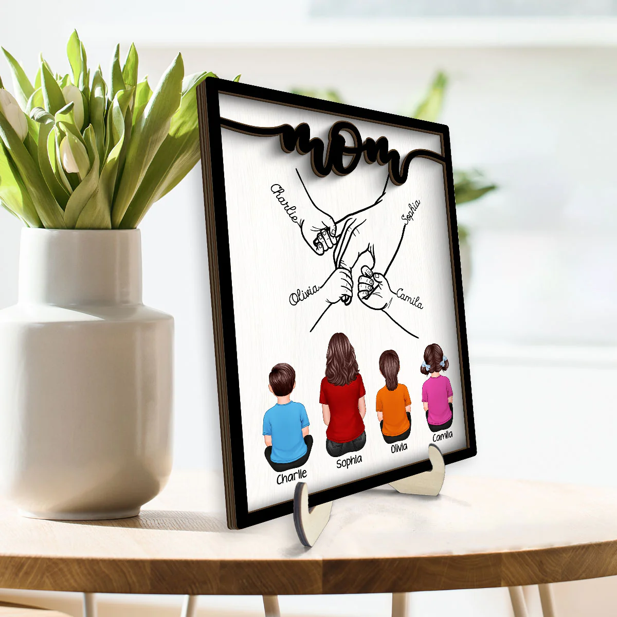Mom And Kids Holding Hands Personalized 2-Layer Wooden Plaque - Image 3