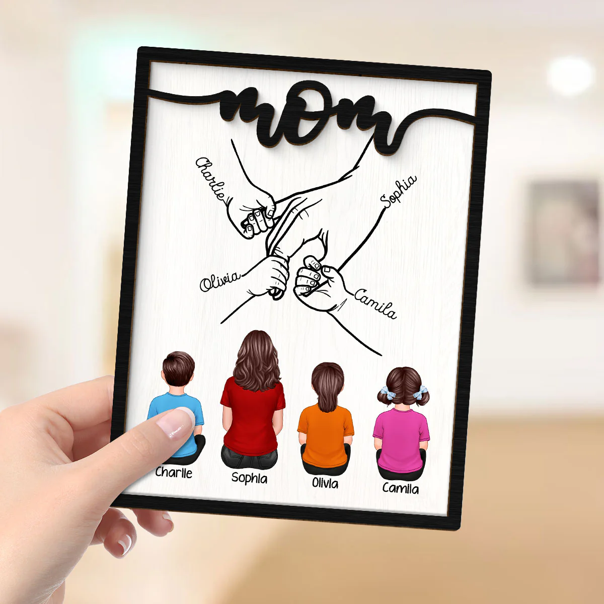 Mom And Kids Holding Hands Personalized 2-Layer Wooden Plaque - Image 4