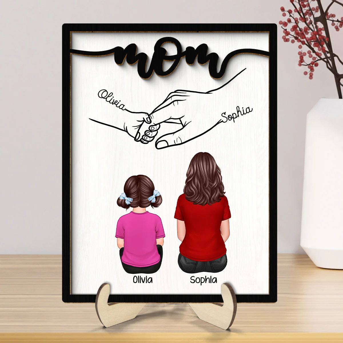 Mom And Kids Holding Hands Personalized 2-Layer Wooden Plaque - Image 7