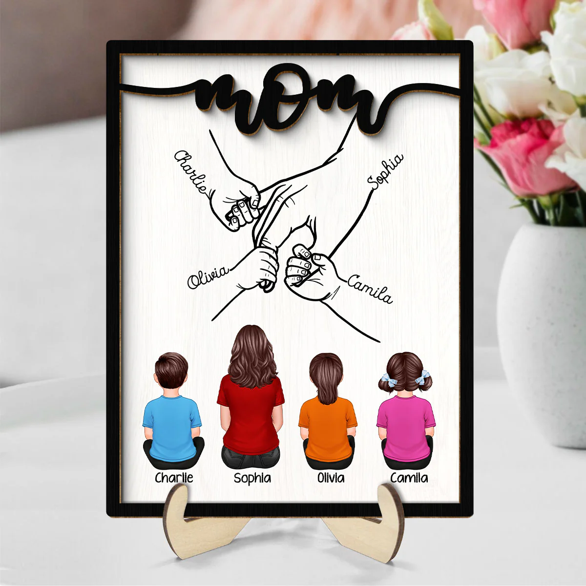 Mom And Kids Holding Hands Personalized 2-Layer Wooden Plaque - Image 8
