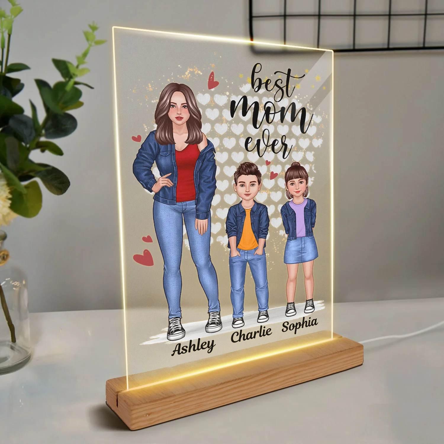 Mom And Kids Standing Front View Personalized Rectangle Acrylic LED Night Light - Image 2