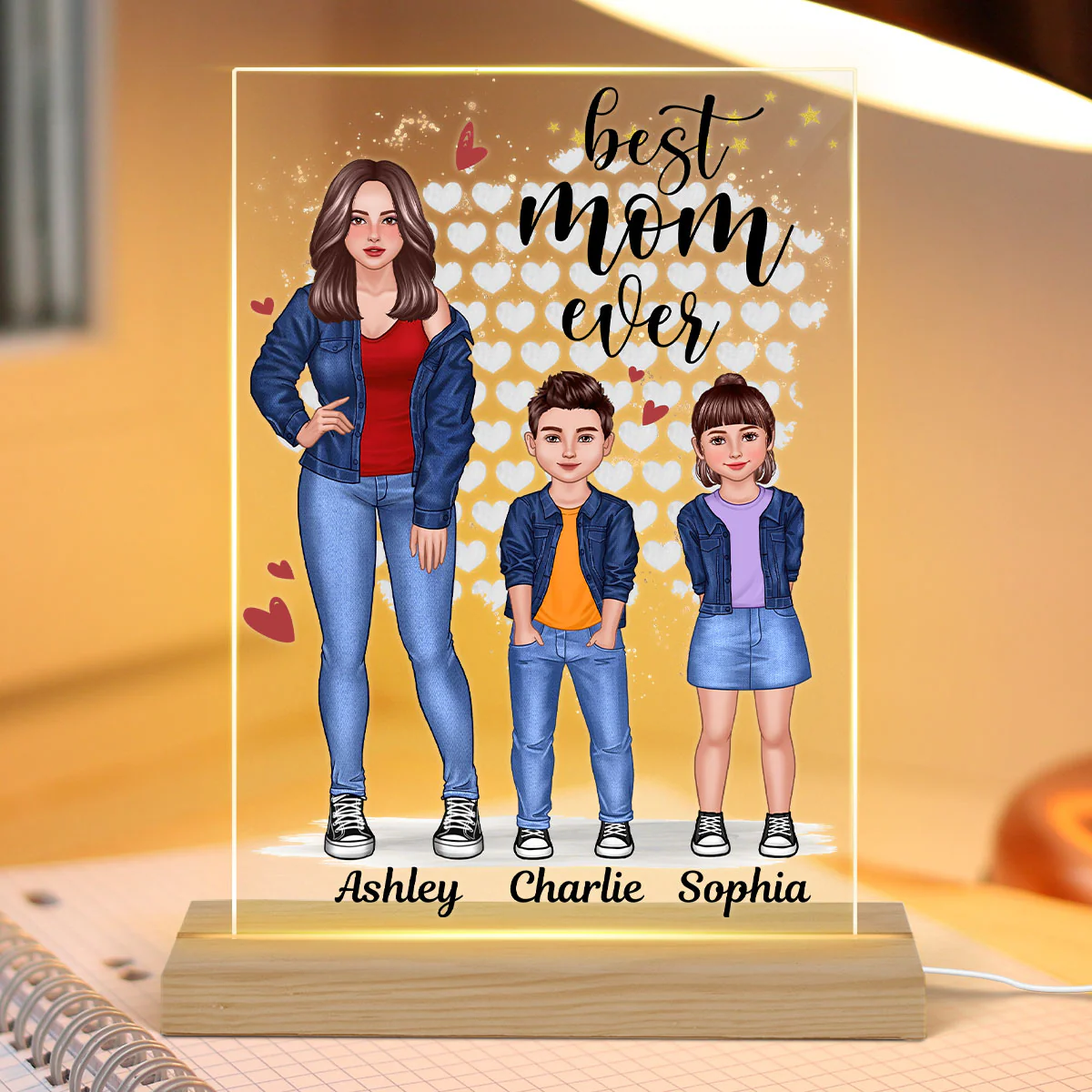Mom And Kids Standing Front View Personalized Rectangle Acrylic LED Night Light - Image 3