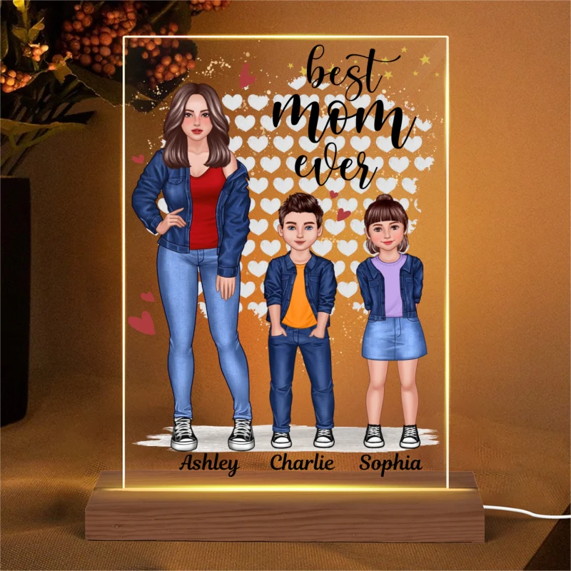 Mom And Kids Standing Front View Personalized Rectangle Acrylic LED Night Light - Image 4