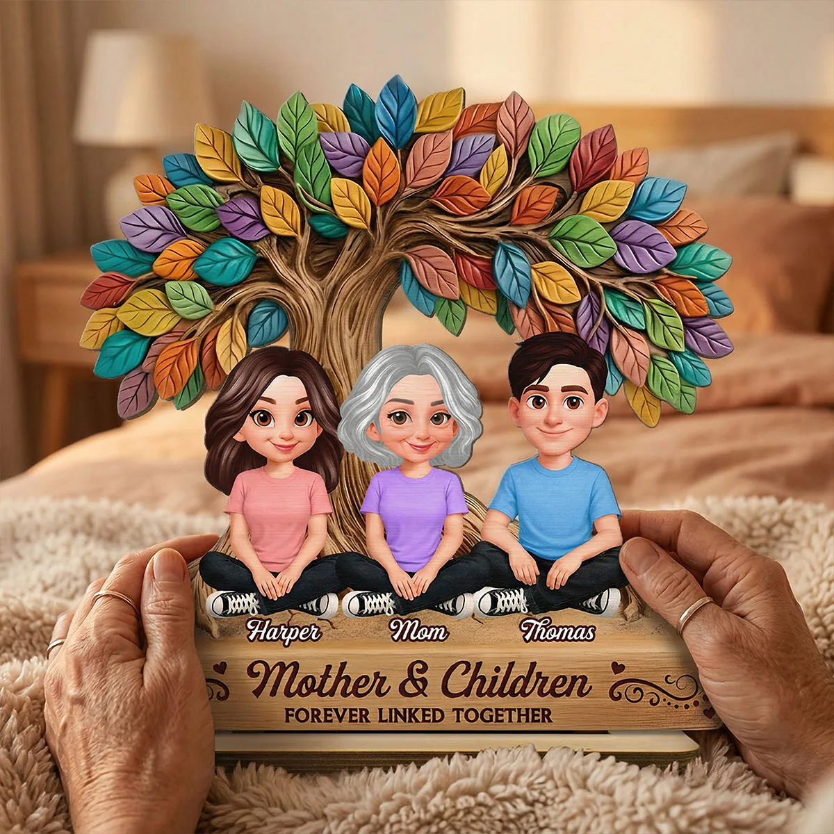 Mom And Son Daughter Under Colorful Tree Of Life - Personalized 2-Layered Wooden Plaque - Gift For Mom - Image 2