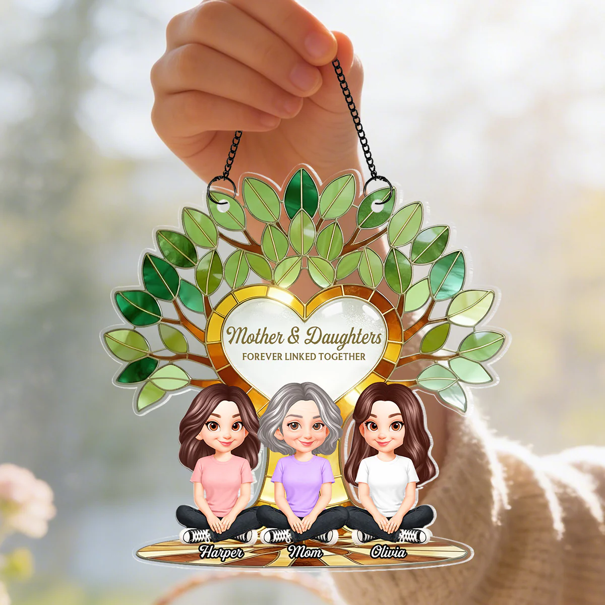 Mom And Son Daughter Under Green Family Tree Of Life - Personalized Suncatcher Ornament - Gift For Mom - Image 2