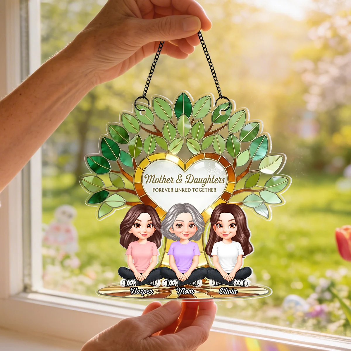 Mom And Son Daughter Under Green Family Tree Of Life - Personalized Suncatcher Ornament - Gift For Mom - Image 4