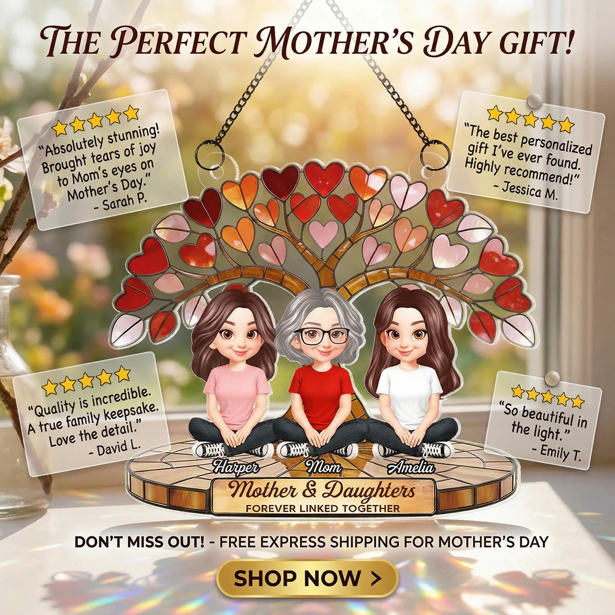 Mom And Son Daughter Under Heart Tree Forever Linked Together - Personalized Suncatcher Ornament - Gift For Mom - Image 6