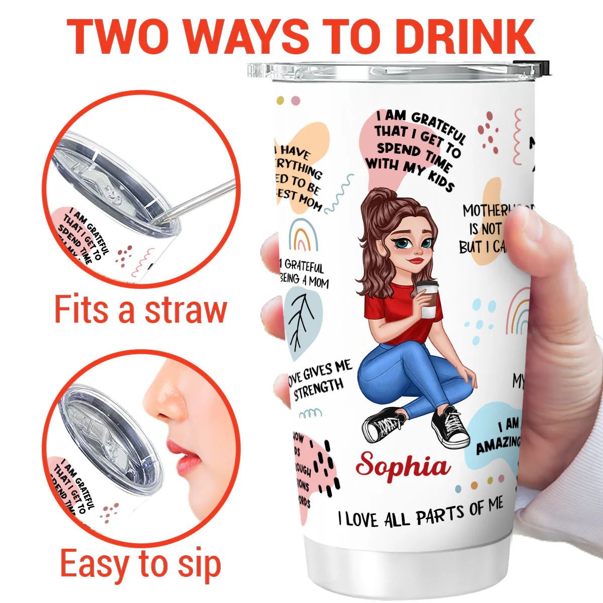 Mom Daily Affirmations Pretty Cartoon Woman Sitting Gift For Mother Personalized Tumbler - Image 3
