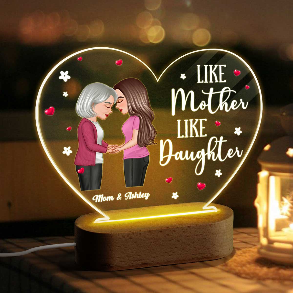 Mom Daughter Holding Hand Personalized Acrylic Heart Plaque With LED Night Light - Image 3