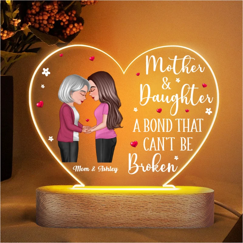 Mom Daughter Holding Hand Personalized Acrylic Heart Plaque With LED Night Light - Image 4