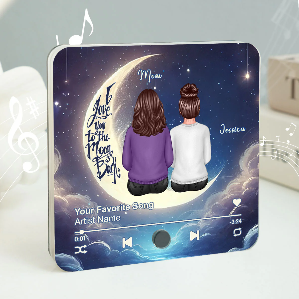 Mom & Daughter Sitting On The Moon Personalized Music Fridge Magnet, Perfect 2025 Gift For Mom - Image 2