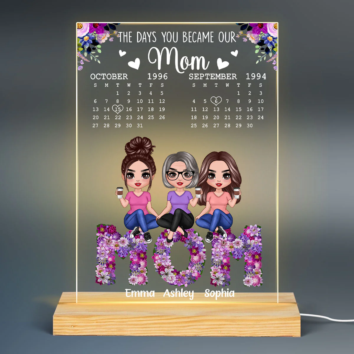 Mom Daughter Son Sitting On Flower Text Calendar Personalized Acrylic LED Night Light - Image 2