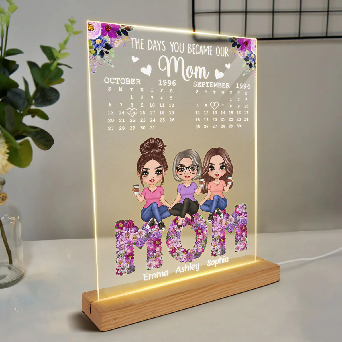 Mom Daughter Son Sitting On Flower Text Calendar Personalized Acrylic LED Night Light - Image 3
