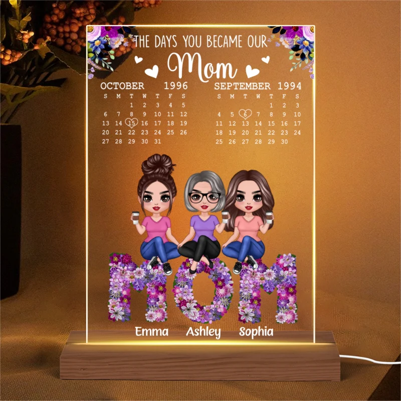 Mom Daughter Son Sitting On Flower Text Calendar Personalized Acrylic LED Night Light - Image 4