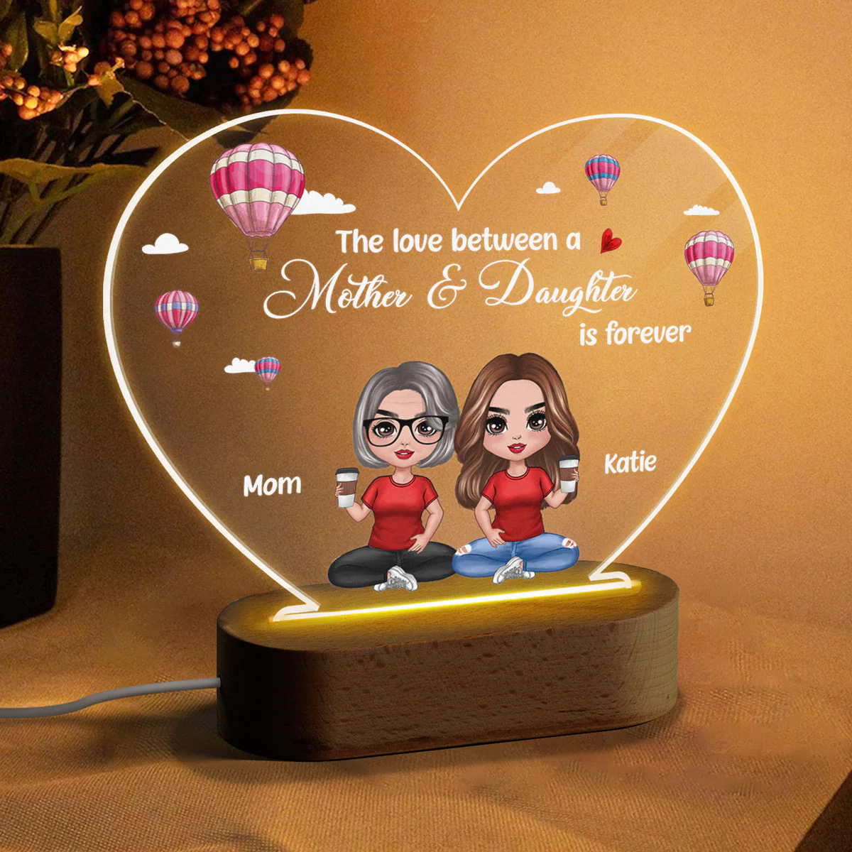 Mom Daughters Air Balloon Mother‘s Day Gift Personalized Heart Plaque LED Night Light - Image 4