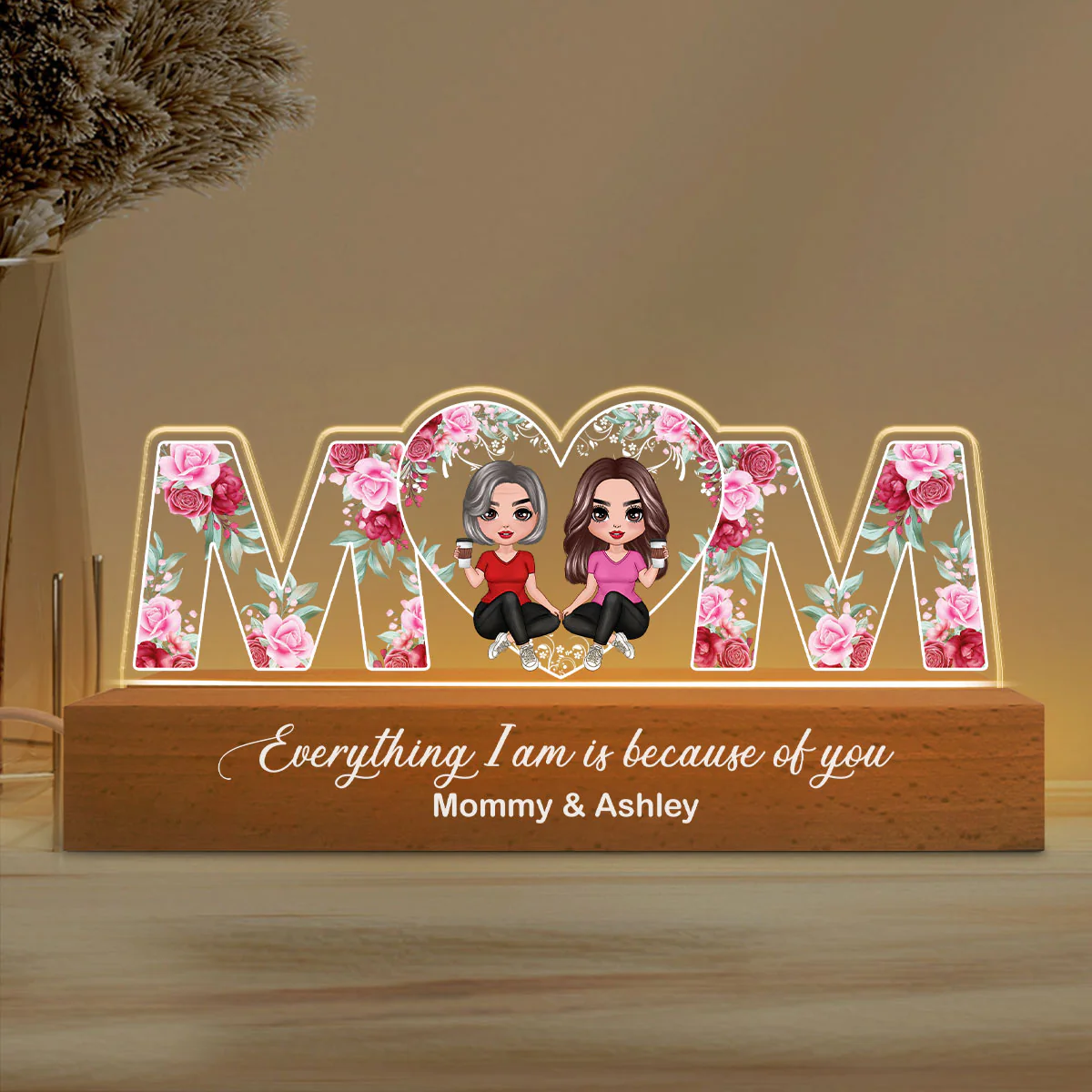 Mom & Daughters Everything We Are Because Of You Personalized Acrylic Block LED Night Light