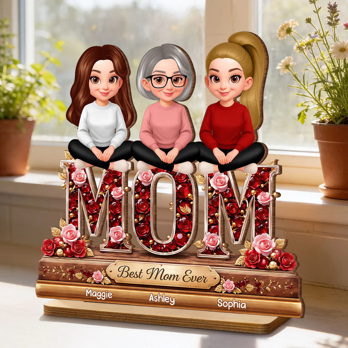 Mom Daughters Sons Sitting Best Mom Ever - Personalized 2-Layered Wooden Plaque - Heartfelt Gift For Mom, Grandma - Image 2
