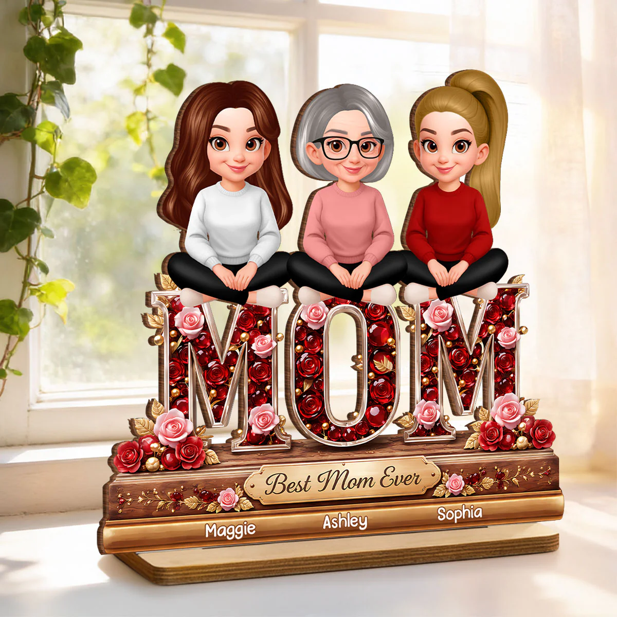 Mom Daughters Sons Sitting Best Mom Ever - Personalized 2-Layered Wooden Plaque - Heartfelt Gift For Mom, Grandma - Image 3
