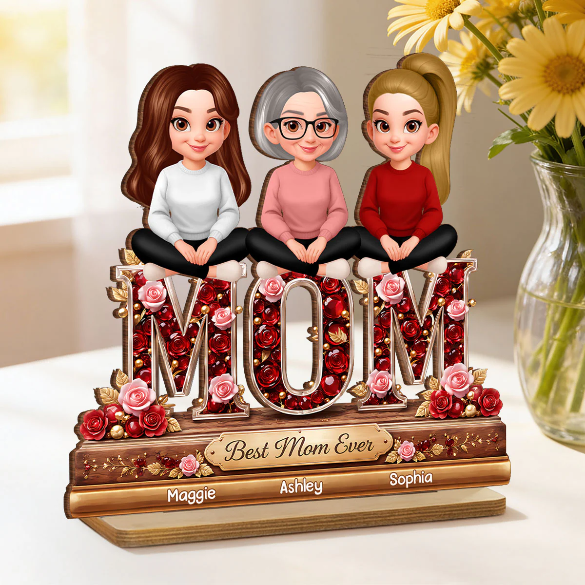 Mom Daughters Sons Sitting Best Mom Ever - Personalized 2-Layered Wooden Plaque - Heartfelt Gift For Mom, Grandma - Image 6