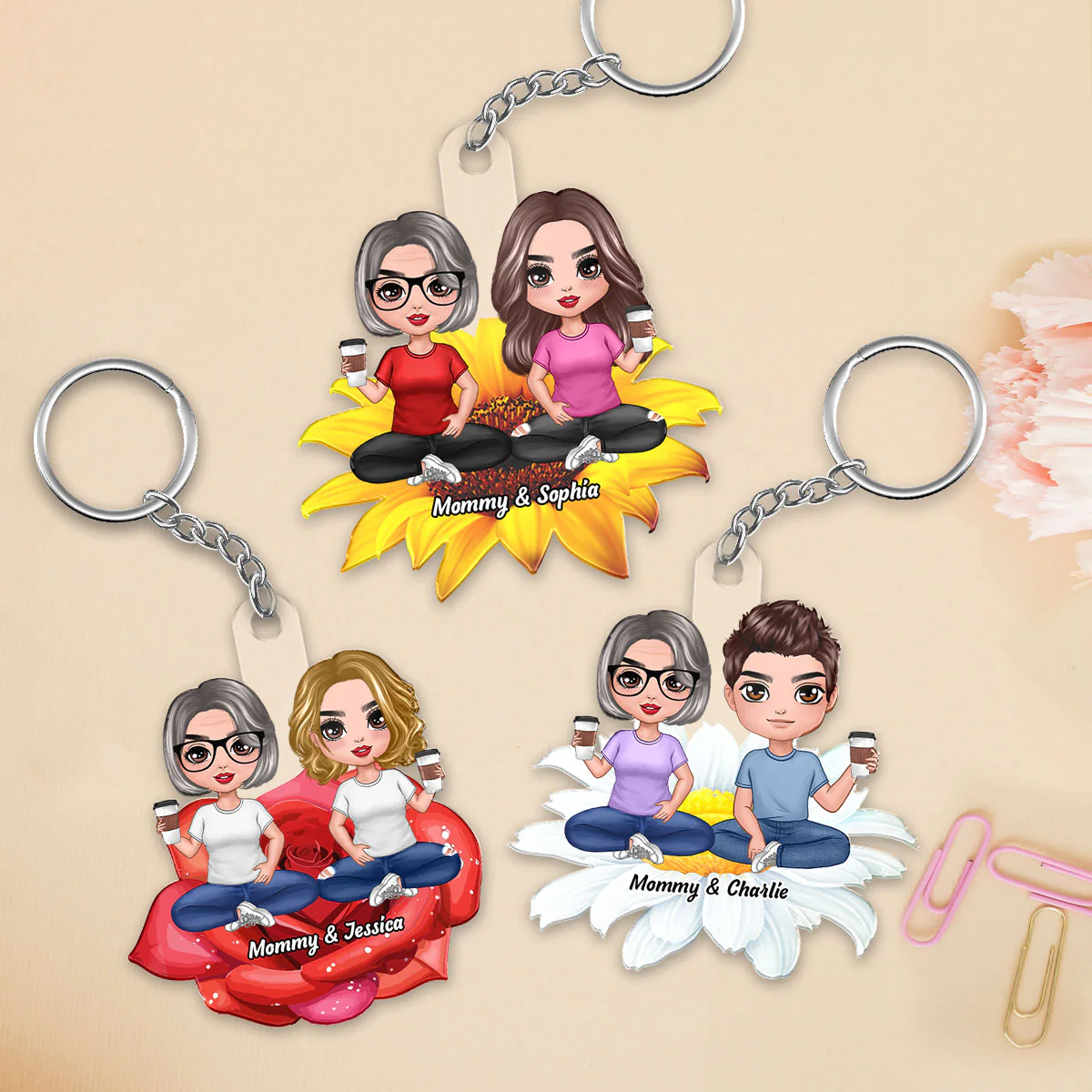 Mom Daughters Sons Sitting On Flower Personalized Acrylic Keychain - Image 2