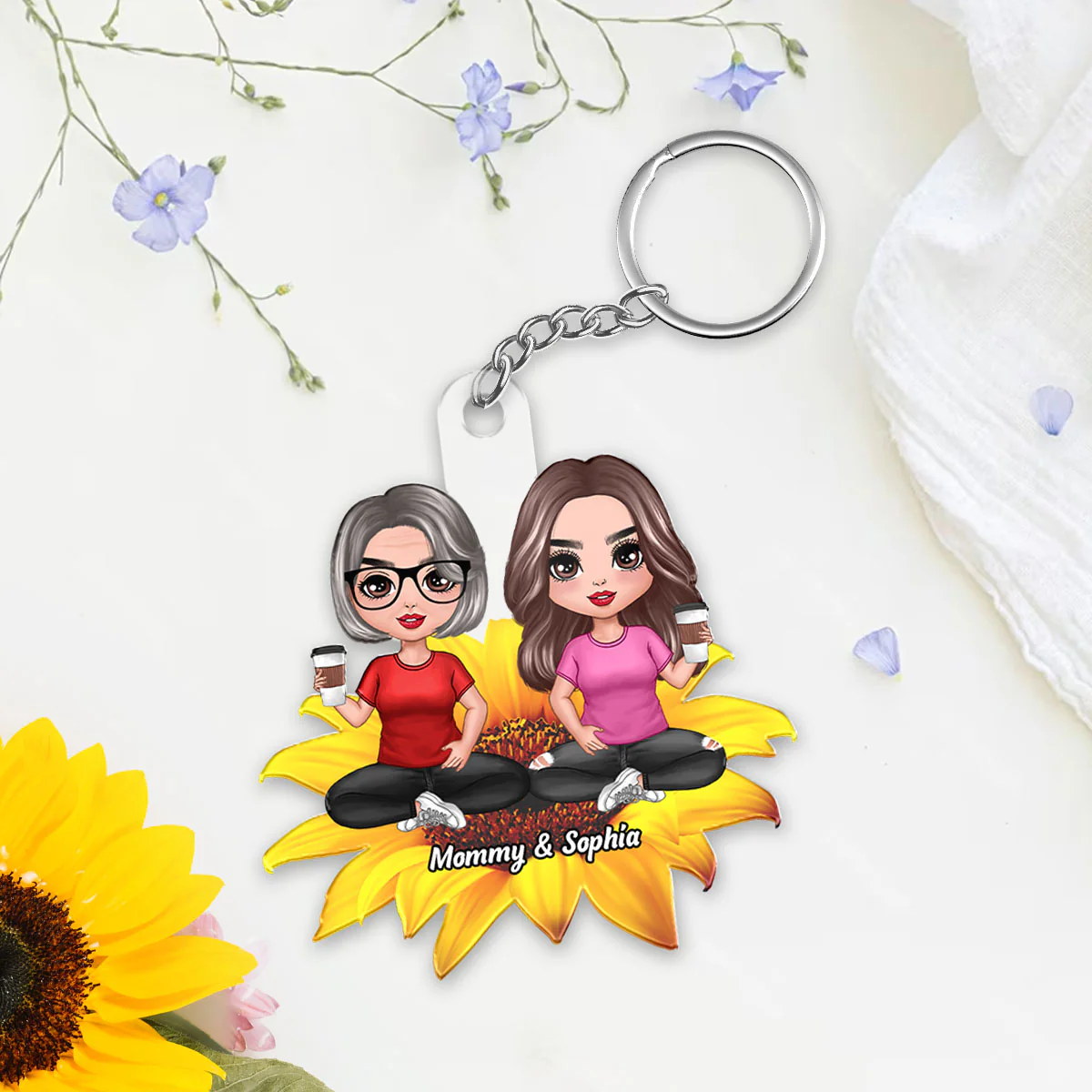 Mom Daughters Sons Sitting On Flower Personalized Acrylic Keychain - Image 6