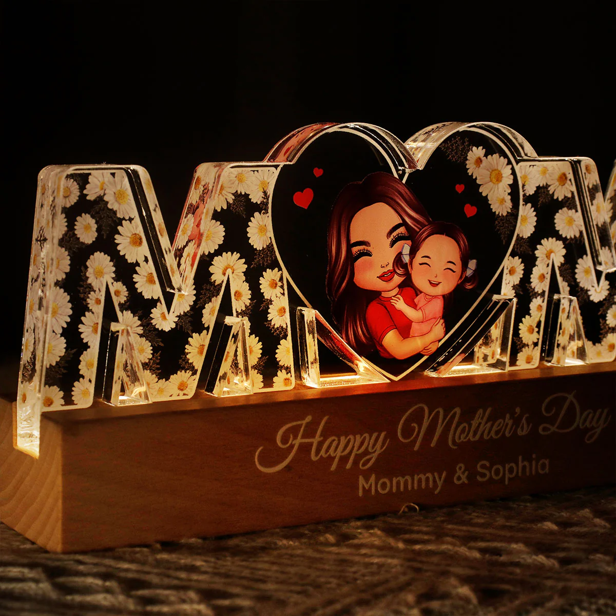 MOM Flowers Mom Hugging Kid Personalized LED Night Light, Gift For Mom - Image 2