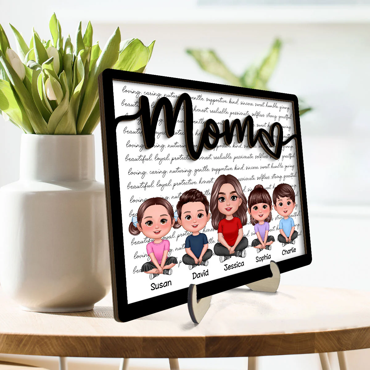 Grandma Mom Kids Crossed Legs Characters Personalized 2-layer Wooden Plaque, Gift For Mom, For Grandma - Image 3