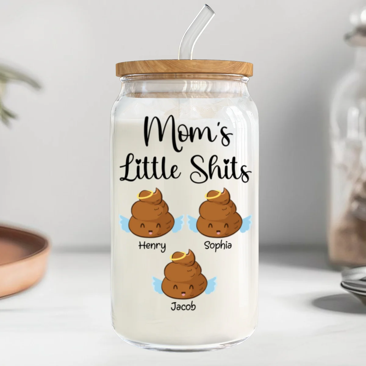 Mom Grandma Dad Grandpa Little Angels Personalized Clear Glass Can - Image 7