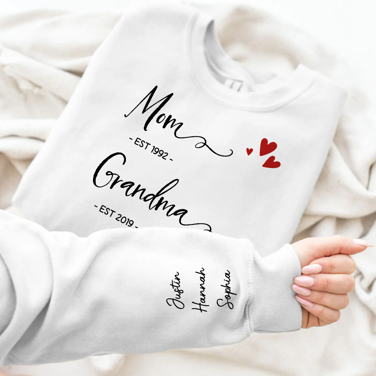 Mom Grandma Est Date, Gift, Personalized Sleeve Printed Sweatshirt - Image 3