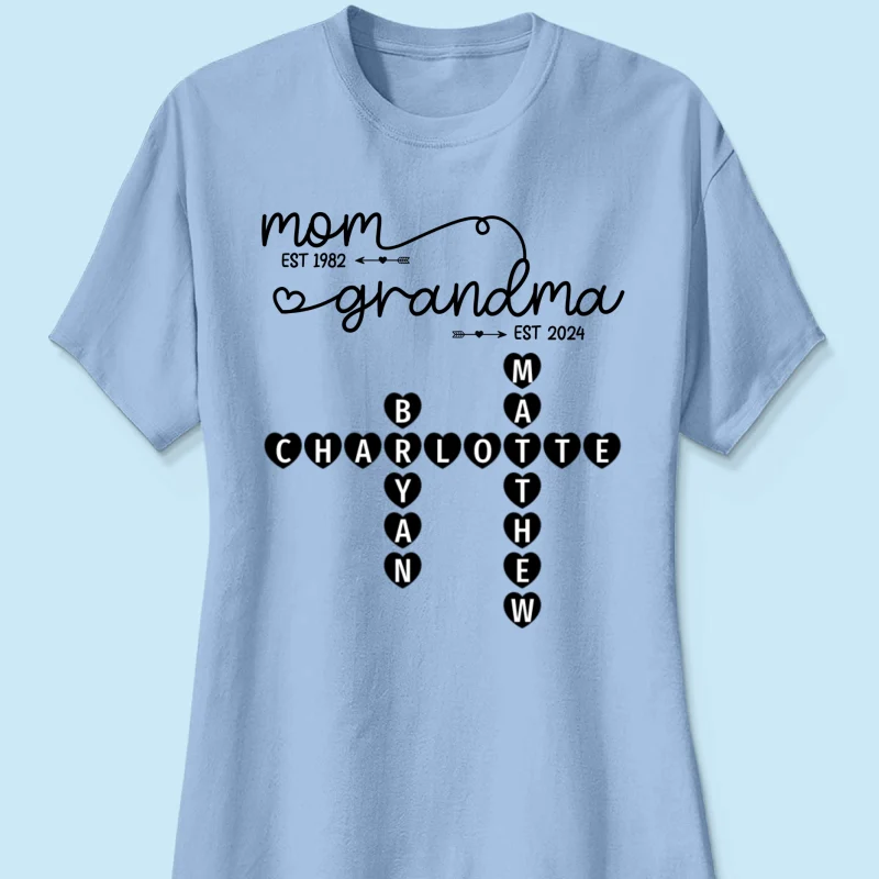 Mom Grandma Est. Swirl Crossword Puzzle Art Personalized Shirt - Image 15