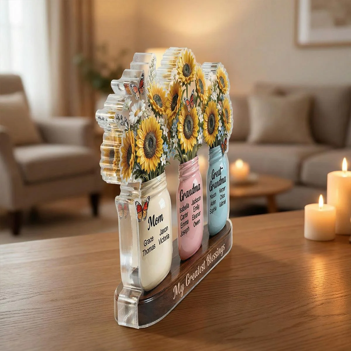 Mom Grandma Great Grandma Sunflowers Jars Custom Names 2D Flat - Personalized Acrylic Block Plaque - Image 2