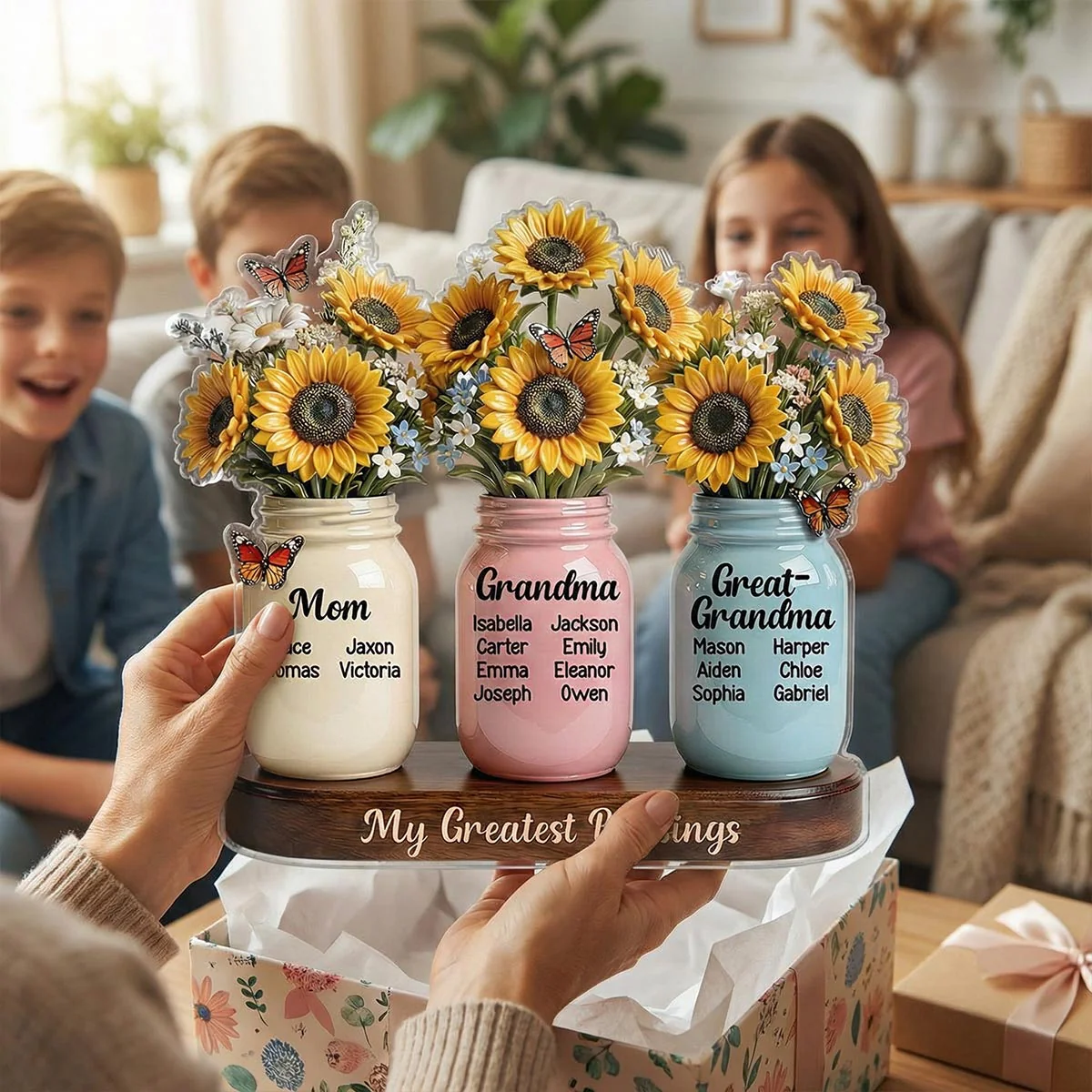 Mom Grandma Great Grandma Sunflowers Jars Custom Names 2D Flat - Personalized Acrylic Block Plaque - Image 4