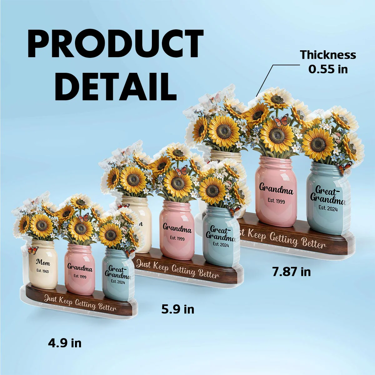 Mom Grandma Great Grandma Sunflowers Jars Est. Years 2D Flat - Personalized Acrylic Block Plaque - Image 5