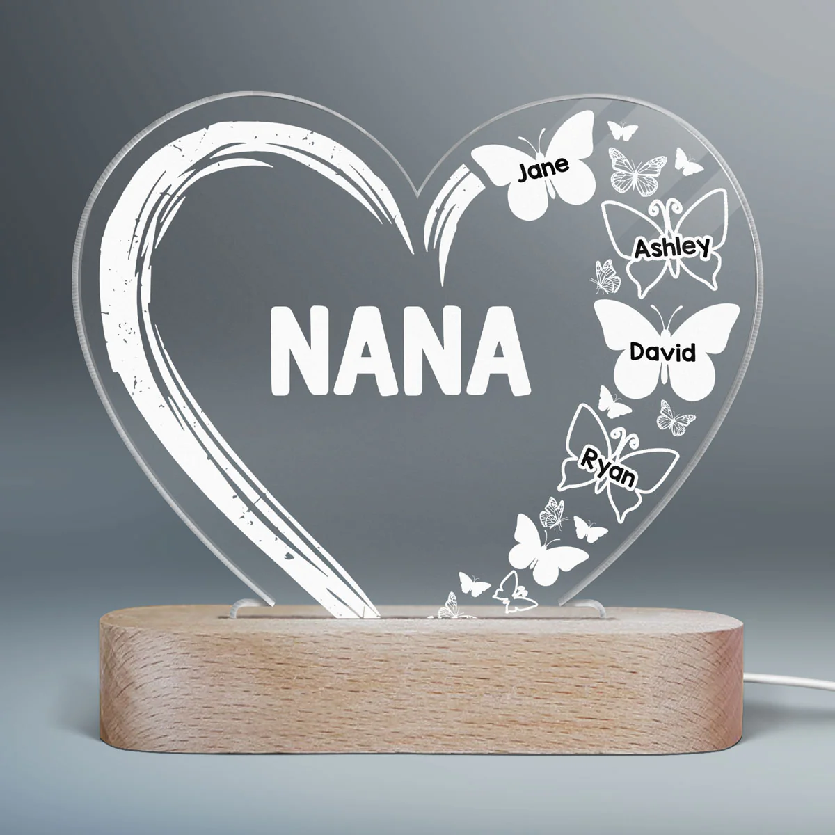 Mom Grandma Heart Butterflies Personalized Heart Acrylic Plaque LED Lamp Night Light - Image 2