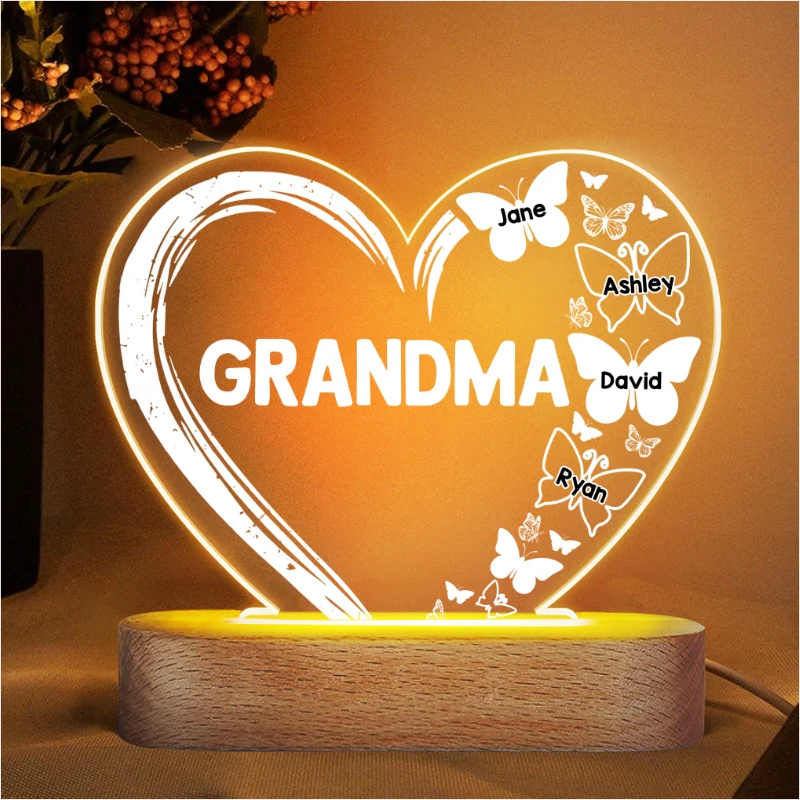 Mom Grandma Heart Butterflies Personalized Heart Acrylic Plaque LED Lamp Night Light - Image 4