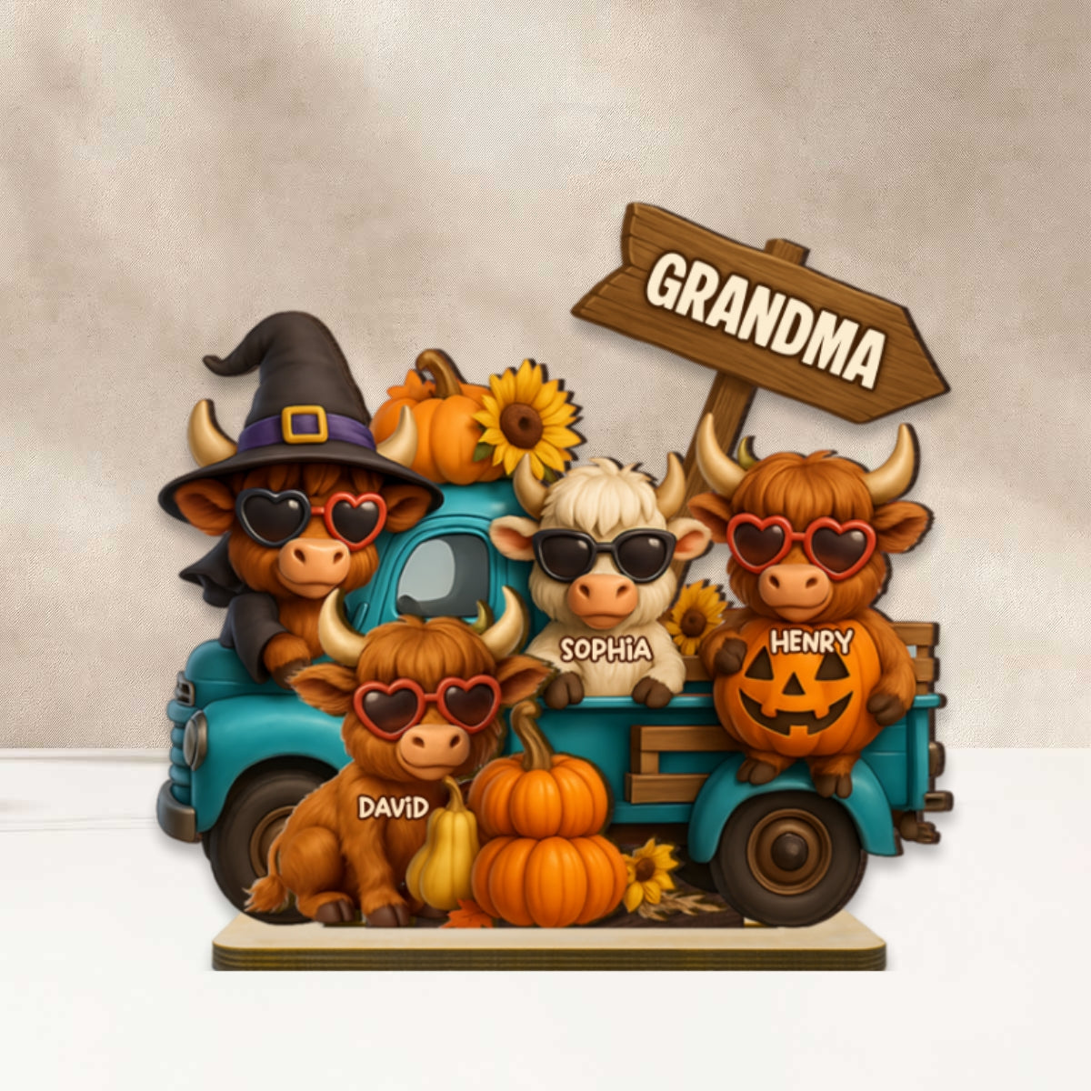 Mom Grandma Highland Cow on Truck Personalized Standing Wooden Plaque, Cozy Fall Vibe Halloween Decor for Mom, Grandma - Image 10