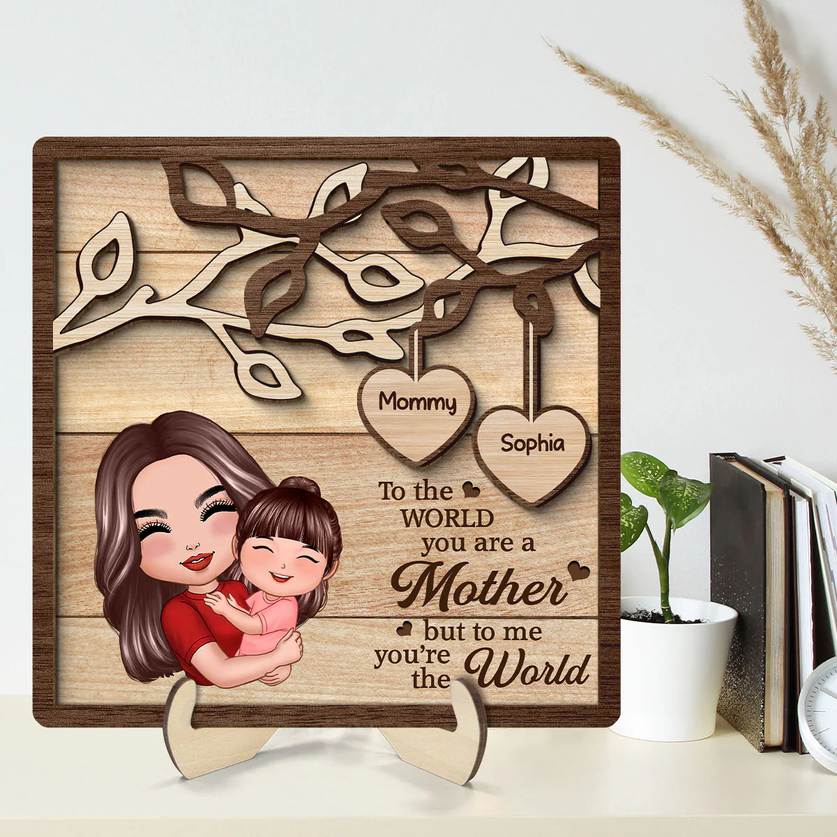 Mom Grandma Holding Kid Under Tree Personalized 2-layer Wooden Plaque - Image 2