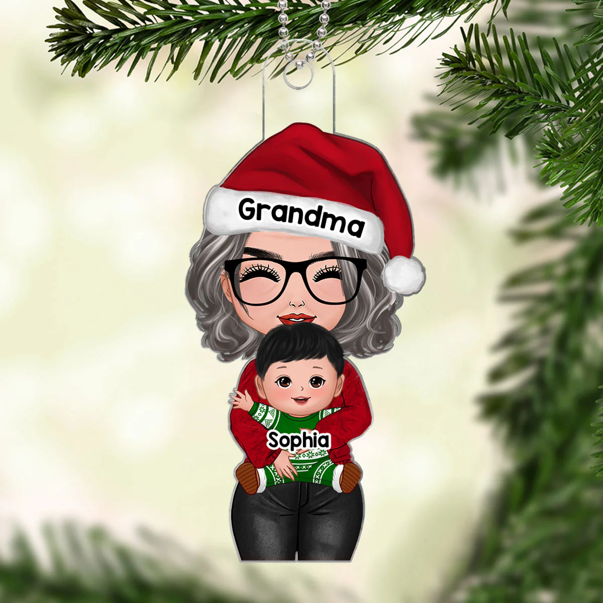 Mom Grandma Hugging Kid Front View Personalized Acrylic Ornament