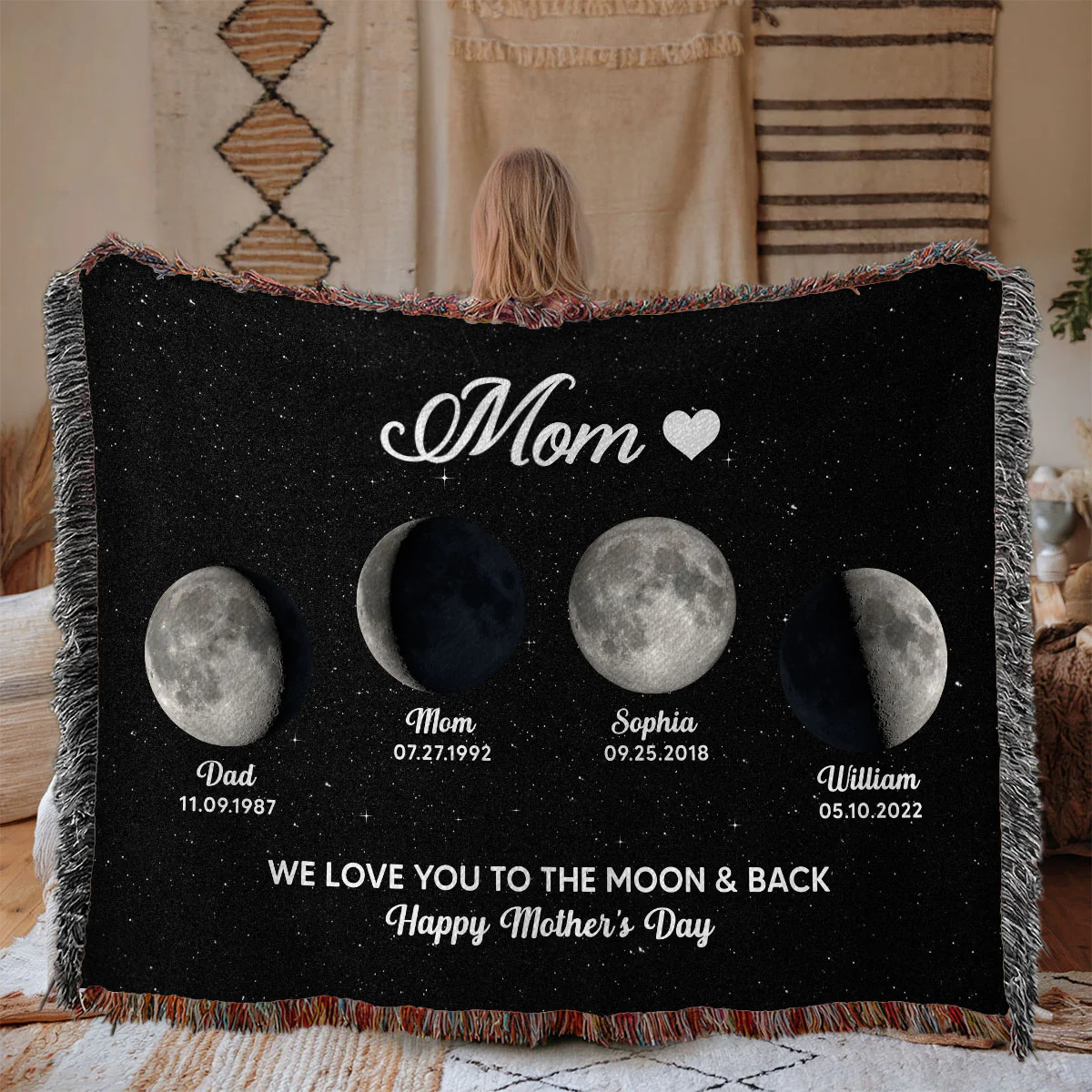 Mom Grandma Love You To The Moon And Back Moon Phase Art Personalized Tapestry Woven Blanket