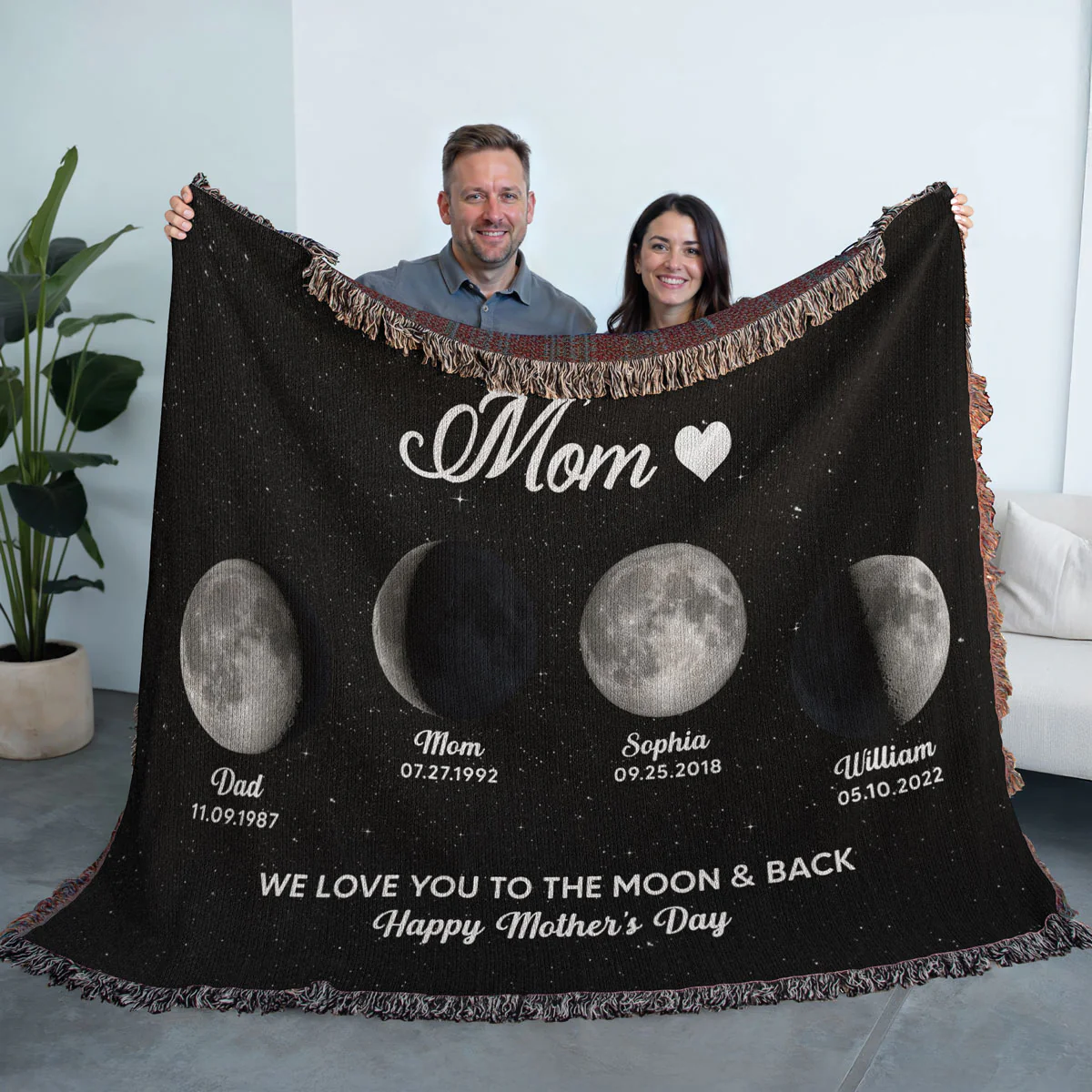 Mom Grandma Love You To The Moon And Back Moon Phase Art Personalized Tapestry Woven Blanket - Image 6