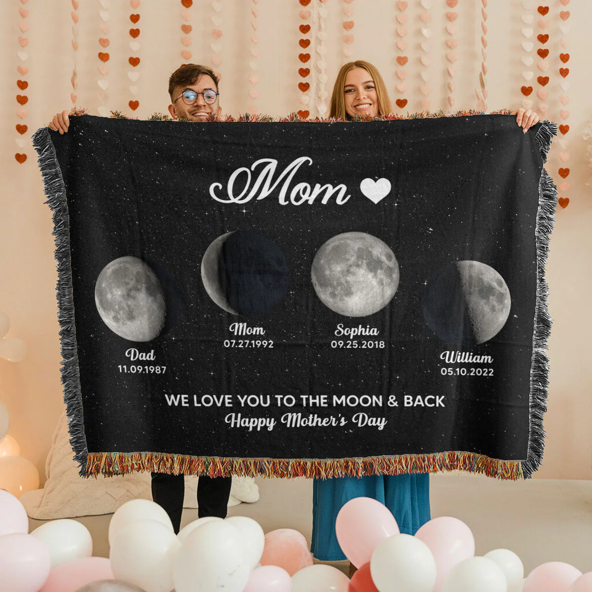 Mom Grandma Love You To The Moon And Back Moon Phase Art Personalized Tapestry Woven Blanket - Image 8