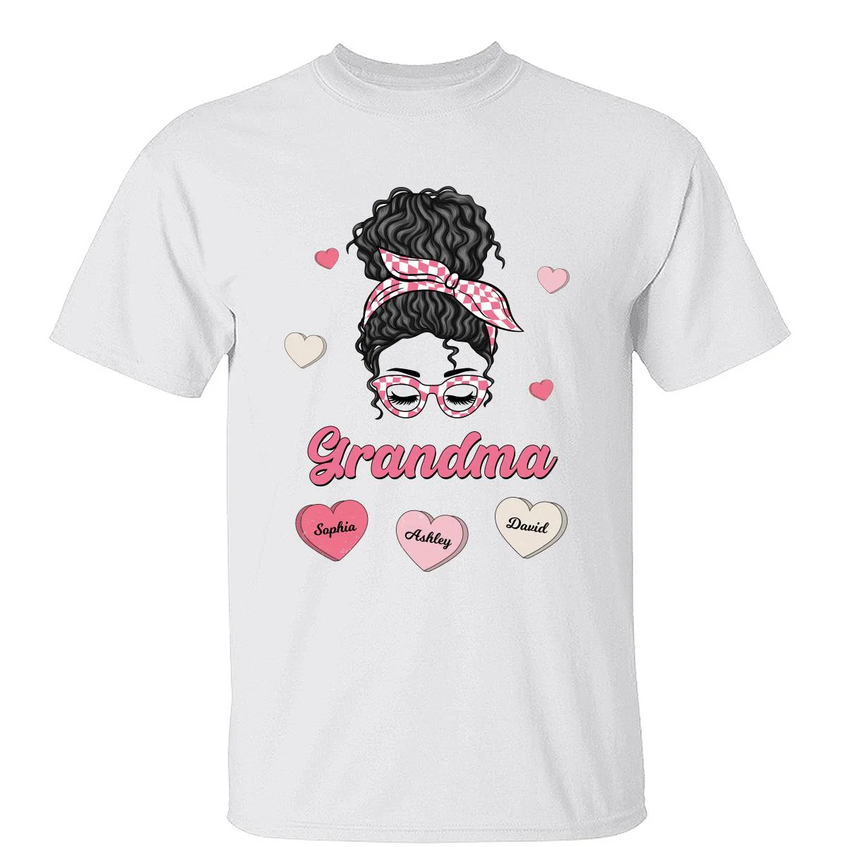 Mom Grandma Pink & White Messy Bun Personalized Shirt