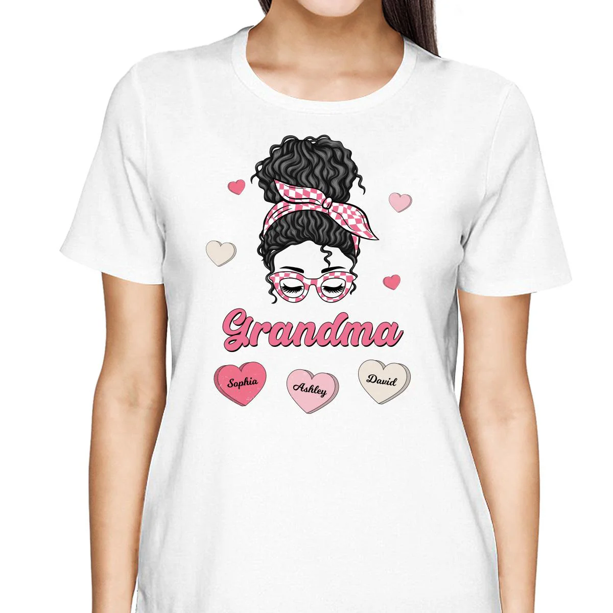 Mom Grandma Pink & White Messy Bun Personalized Shirt - Image 2