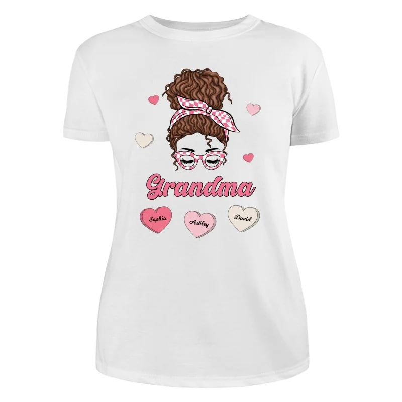 Mom Grandma Pink & White Messy Bun Personalized Shirt - Image 9