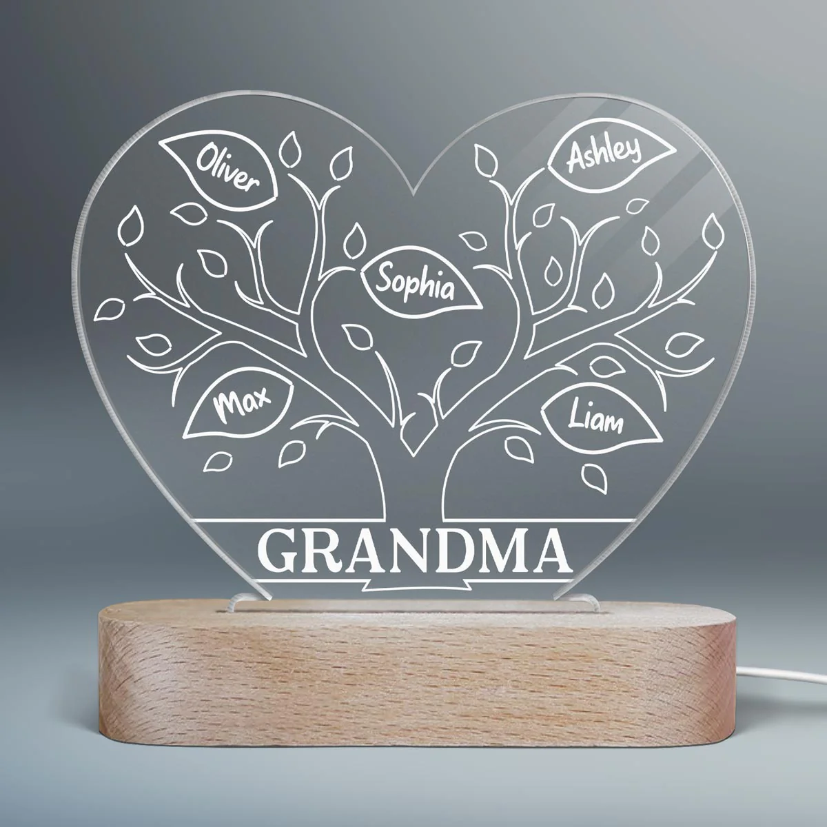 Mom Grandma Tree Personalized Heart Plaque LED Night Light - Image 2
