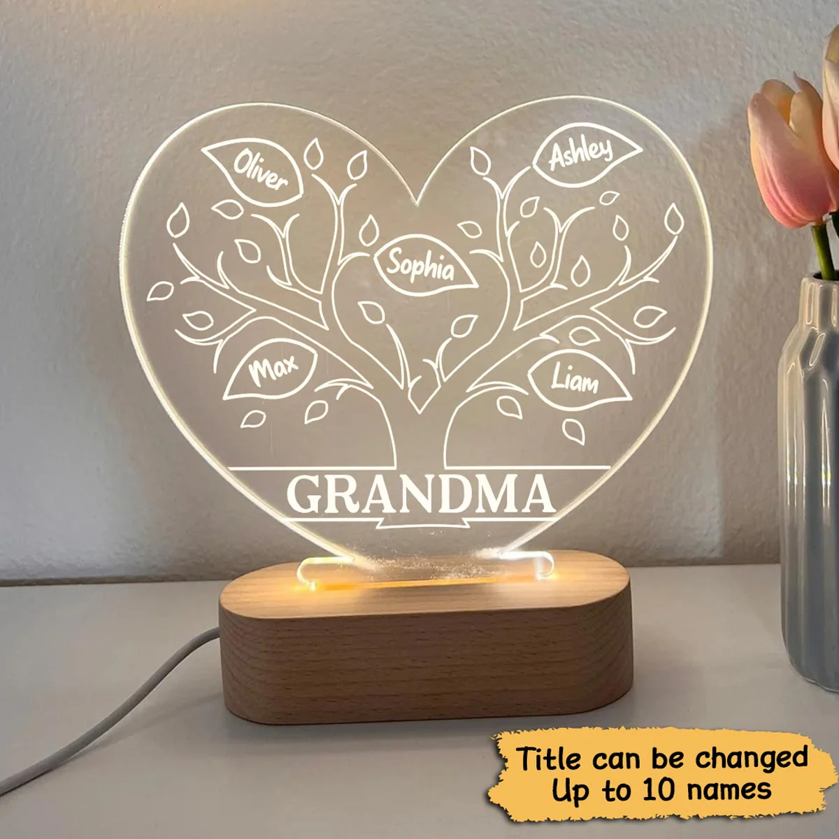 Mom Grandma Tree Personalized Heart Plaque LED Night Light - Image 3