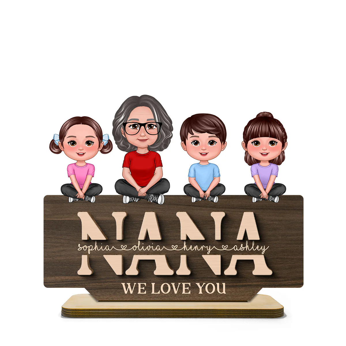 Mom Grandma We Love You Mother & Children Sitting On Word Personalized 2-Layer Standing Wooden Plaque - Image 2