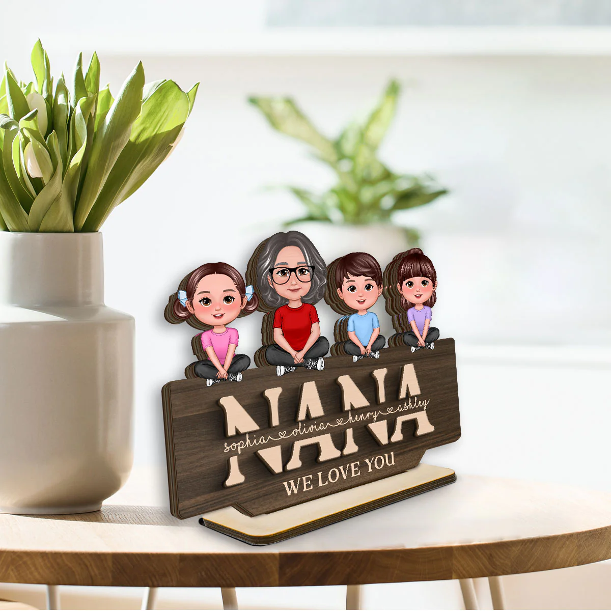 Mom Grandma We Love You Mother & Children Sitting On Word Personalized 2-Layer Standing Wooden Plaque - Image 3